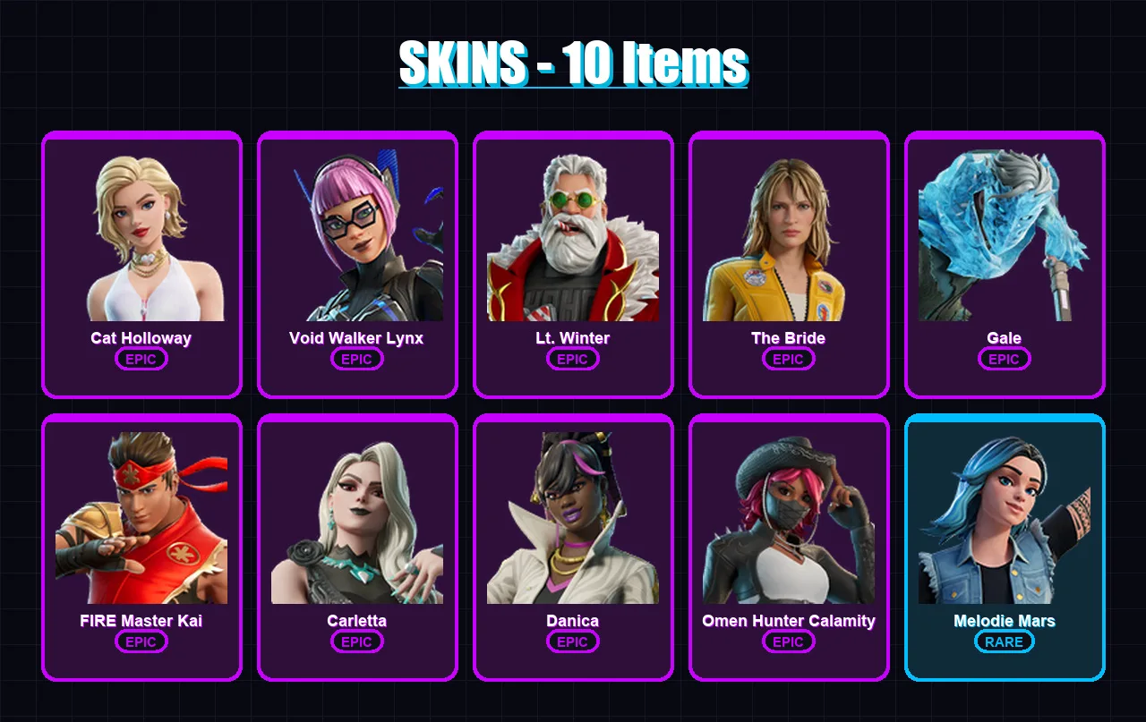 [PC/PSN] | Cat Holloway | Void Walker Lynx | Lt. Winter | The Bride | Gale | 10 skin | 17 pickaxe | 9 emote | 9 glider | Lv84