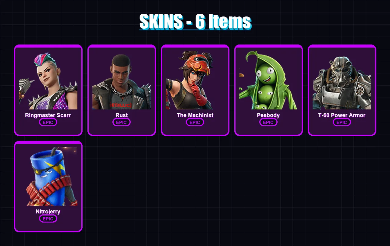 [PC/XBOX/PSN] | Ringmaster Scarr | Rust | The Machinist | Peabody | T-60 Power Armor | 6 skin | 6 pickaxe | 6 emote | 6 glider | Lv68