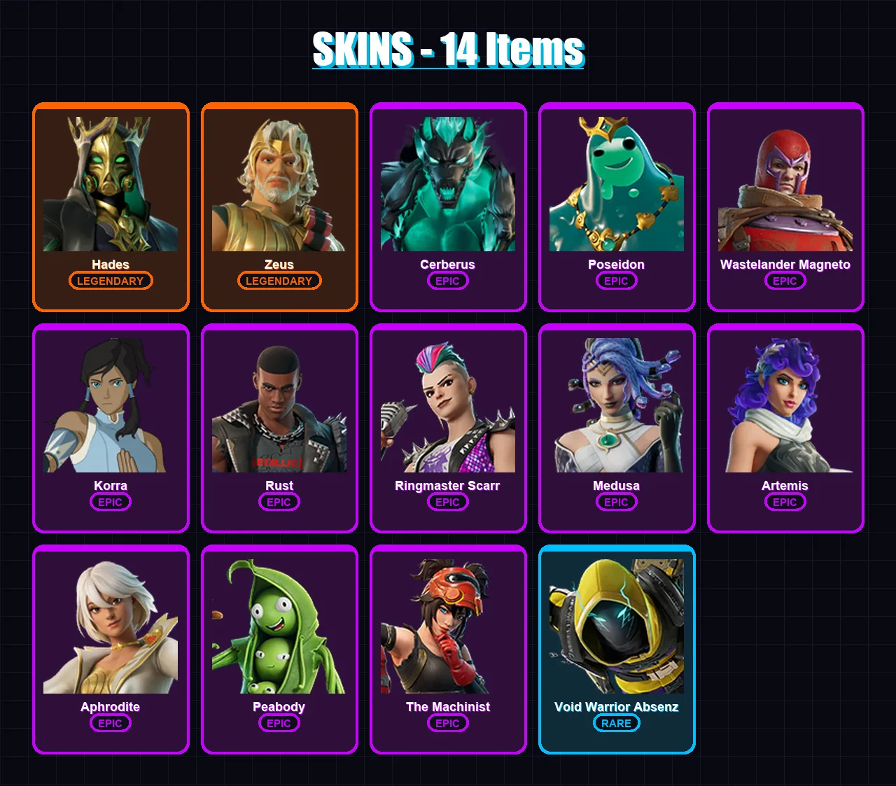 [SWITCH/PC] | Hades | Zeus | Cerberus | Poseidon | Wastelander Magneto | 14 skin | 20 pickaxe | 16 emote | 19 glider | Lv240