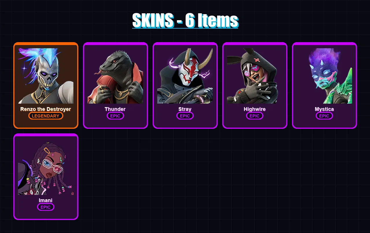 [PC/XBOX/PSN] | Renzo the Destroyer | Thunder | Stray | Highwire | Mystica | 6 skin | 18 pickaxe | 13 emote | 21 glider | Lv199