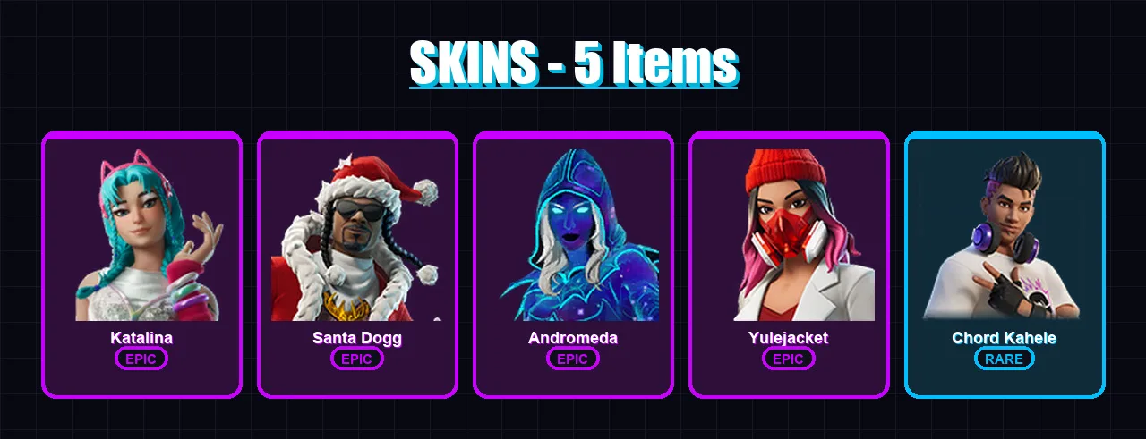 [PC/XBOX/PSN] | Katalina | Santa Dogg | Andromeda | Yulejacket | Chord Kahele | 5 skin | 11 pickaxe | 8 emote | 10 glider | Lv99