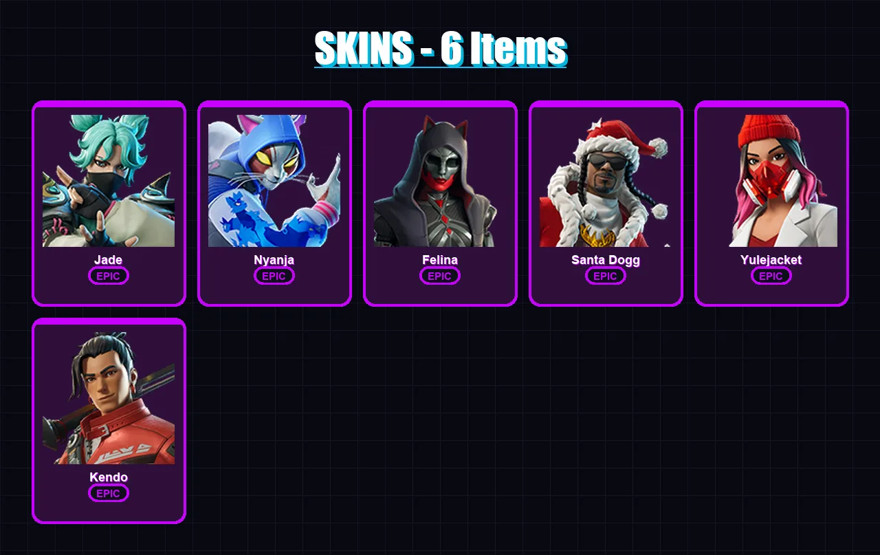 [PC/XBOX/PSN] | Jade | Nyanja | Felina | Santa Dogg | Yulejacket | 6 skin | 18 pickaxe | 11 emote | 12 glider | Lv113