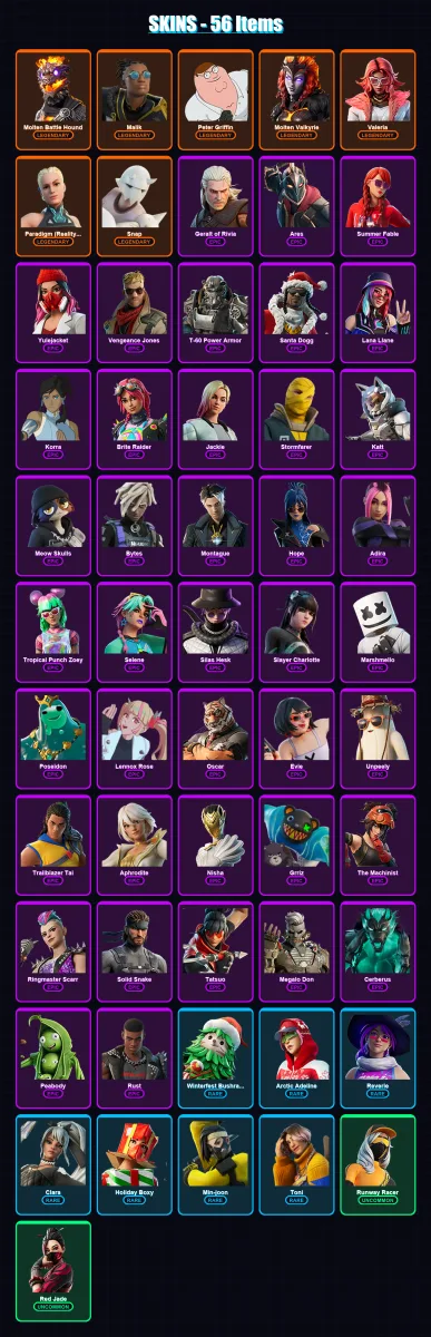 [PC/XBOX/PSN] | Molten Battle Hound | Malik | Peter Griffin | Molten Valkyrie | Valeria | 56 skin | 81 pickaxe | 66 emote | 58 glider | Lv730