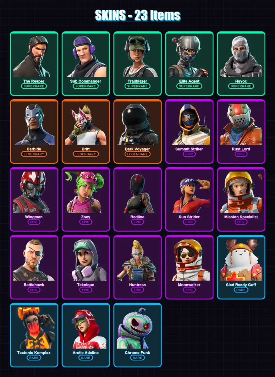 [PC/XBOX/PSN] | The Reaper | Sub Commander | Trailblazer | Elite Agent | Havoc | 23 skin | 44 pickaxe | 40 emote | 49 glider | Lv1007