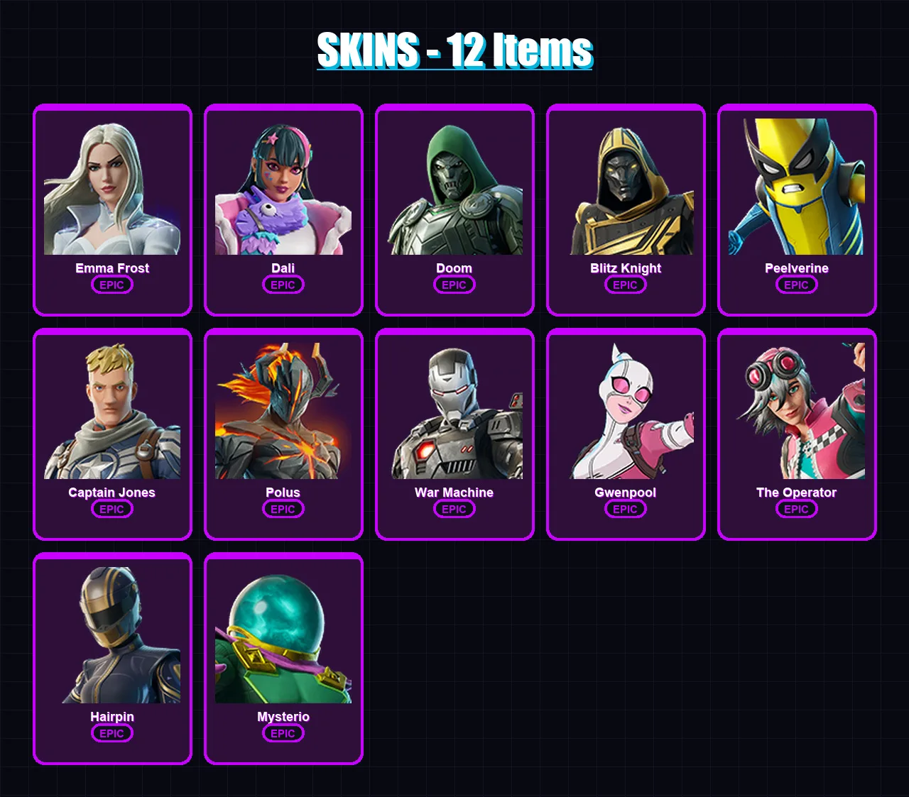 [PC/XBOX/PSN] | Emma Frost | Dali | Doom | Blitz Knight | Peelverine | 12 skin | 14 pickaxe | 13 emote | 15 glider | Lv146