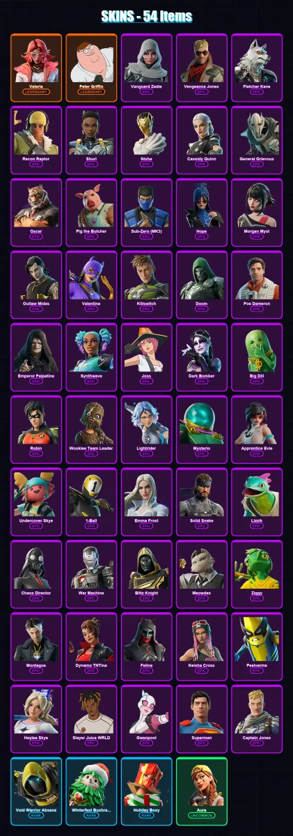 [PC/XBOX] | Valeria | Peter Griffin | Vanguard Zadie | Vengeance Jones | Fletcher Kane | 54 skin | 87 pickaxe | 54 emote | 63 glider | Lv929 — Fortnite account