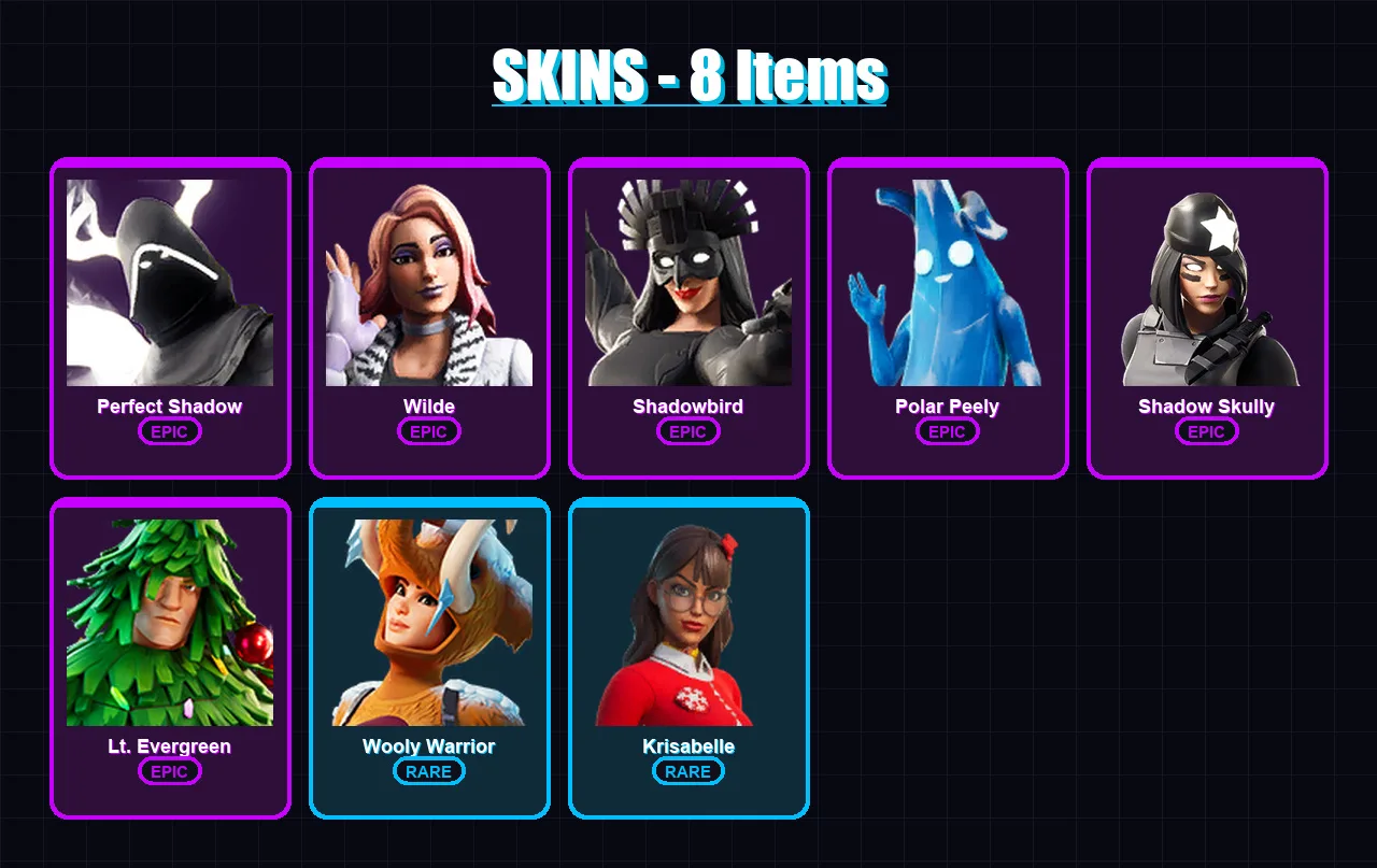 [PC/XBOX] | Perfect Shadow | Wilde | Shadowbird | Polar Peely | Shadow Skully | 8 skin | 22 pickaxe | 29 emote | 29 glider | Lv519