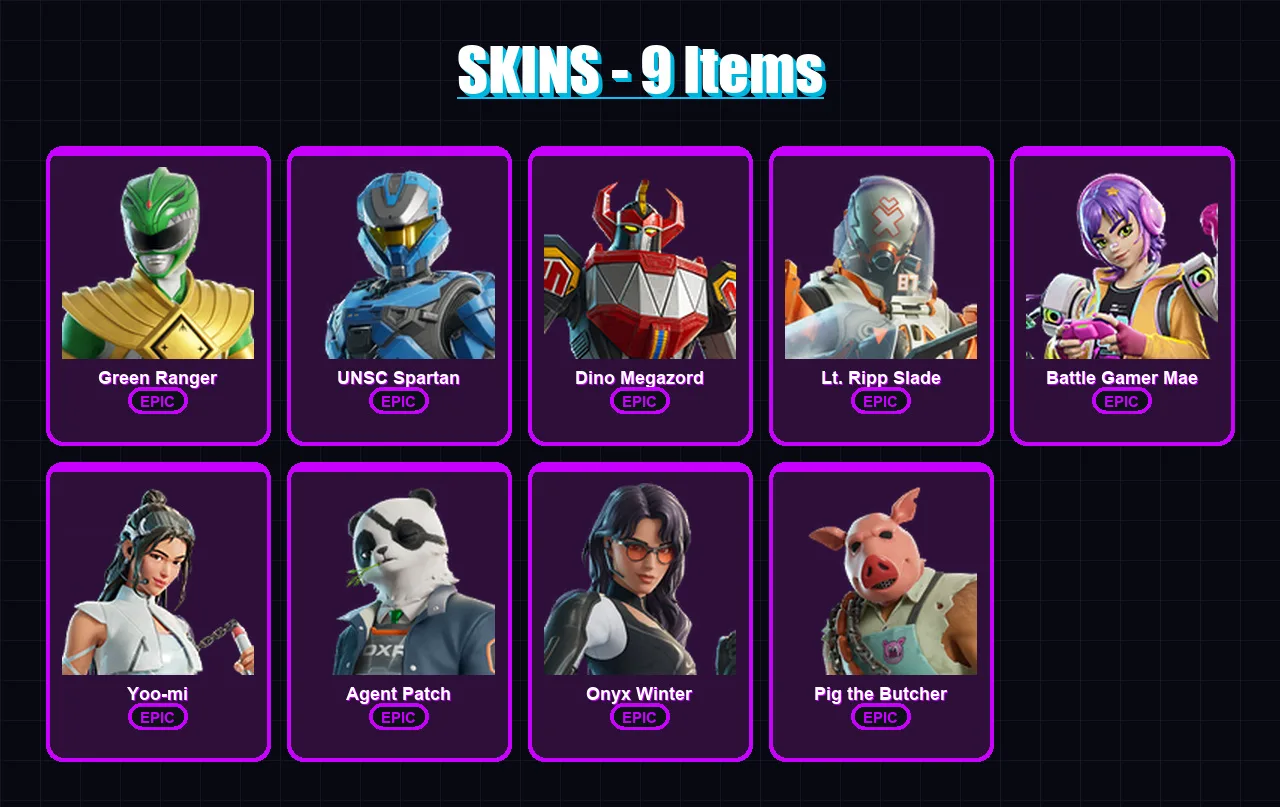 [PC/XBOX/PSN] | Green Ranger | UNSC Spartan | Dino Megazord | Lt. Ripp Slade | Battle Gamer Mae | 9 skin | 27 pickaxe | 19 emote | 16 glider | Lv170