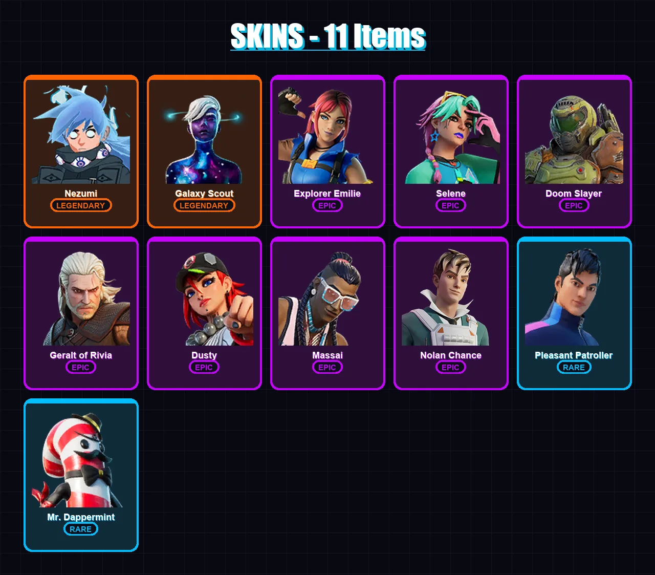 [PC/XBOX/PSN] | Nezumi | Galaxy Scout | Explorer Emilie | Selene | Doom Slayer | 11 skin | 16 pickaxe | 13 emote | 16 glider | Lv158