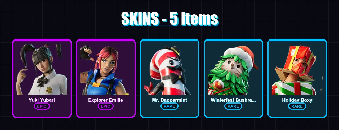 [PC/PSN] | Yuki Yubari | Explorer Emilie | Mr. Dappermint | Winterfest Bushranger | Holiday Boxy | 5 skin | 12 pickaxe | 4 emote | 7 glider | Lv102