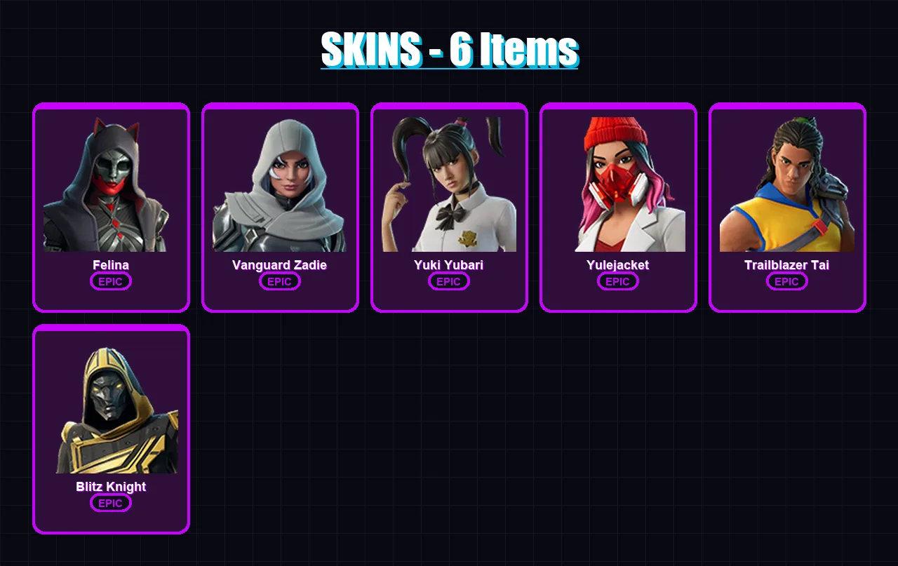 [SWITCH/XBOX/PSN/PC] | Felina | Vanguard Zadie | Yuki Yubari | Yulejacket | Trailblazer Tai | 6 skin | 58 pickaxe | 22 emote | 30 glider | Lv520 — Game account