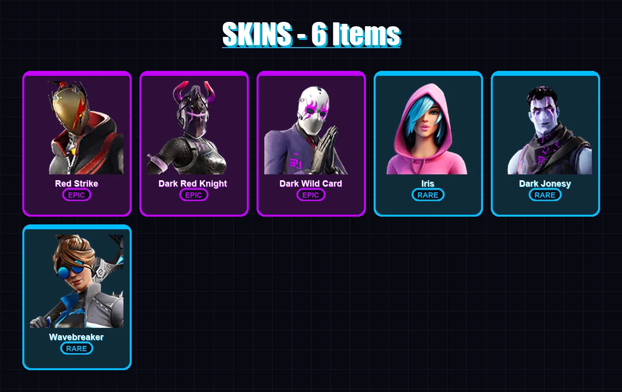 [PC/XBOX/PSN] | Red Strike | Dark Red Knight  | Dark Wild Card | Iris | Dark Jonesy | 6 skin | 4 pickaxe | 6 emote | 4 glider | Lv33