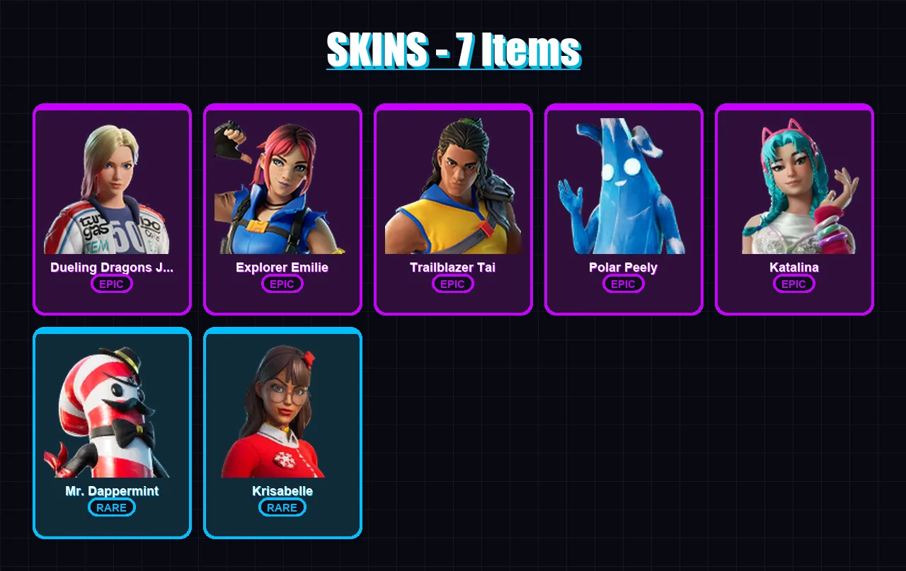 [PC/PSN] | Dueling Dragons Jackie | Explorer Emilie | Trailblazer Tai | Polar Peely | Katalina | 7 skin | 17 pickaxe | 12 emote | 17 glider | Lv254