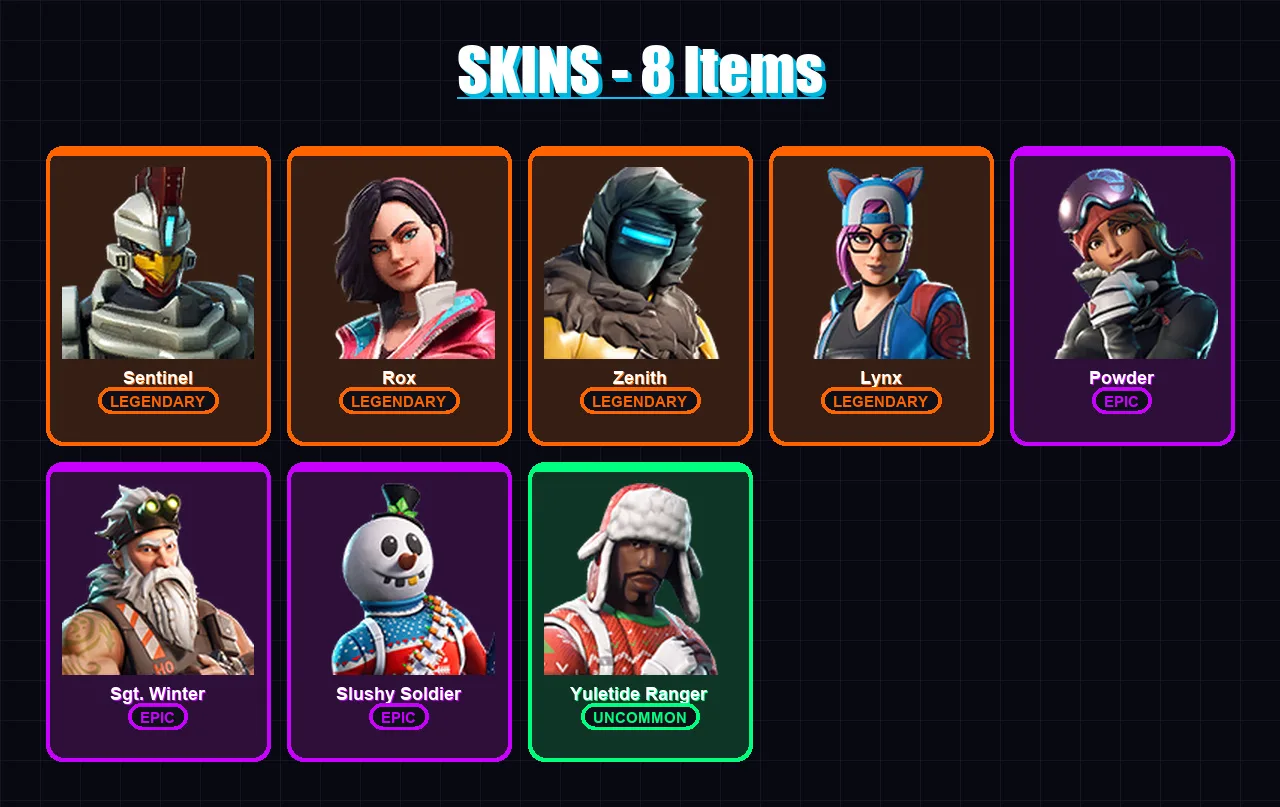 [PS4/PS5/XBOX/PC] | Sentinel | Rox | Zenith | Lynx | Powder | 8 skin | 9 pickaxe | 13 emote | 15 glider | Lv187