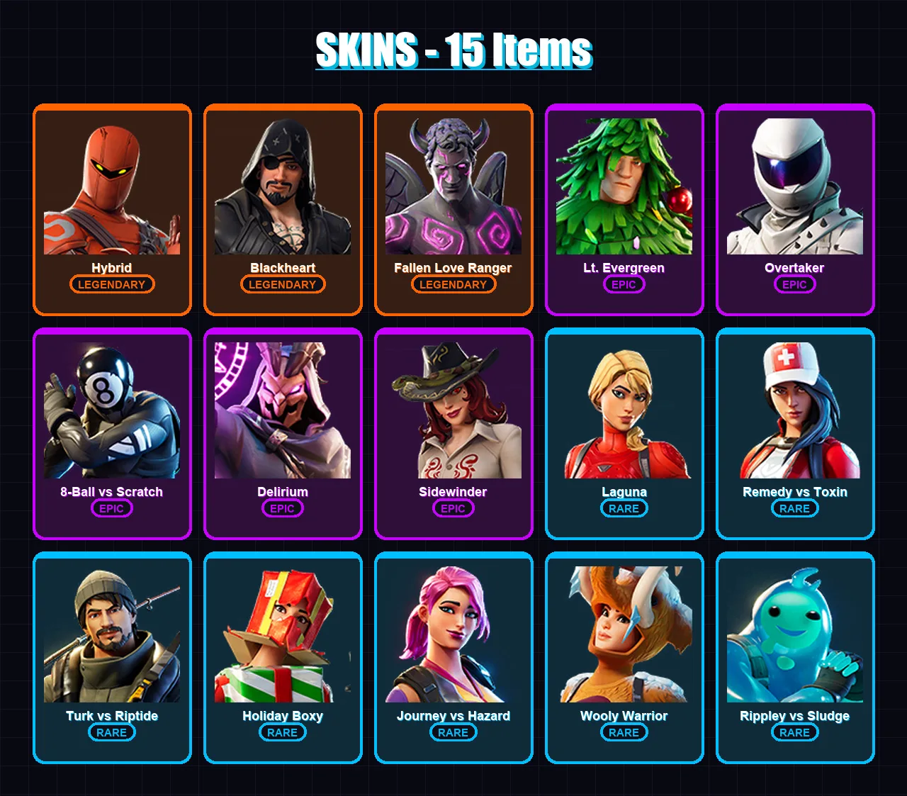 [PC/XBOX/PSN] | Hybrid | Blackheart | Fallen Love Ranger | Lt. Evergreen | Overtaker | 15 skin | 35 pickaxe | 28 emote | 28 glider | Lv415 — Fortnite account