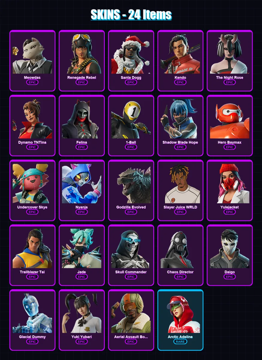 [PC/PSN] | Meowdas | Renegade Rebel | Santa Dogg | Kendo | The Night Rose | 24 skin | 56 pickaxe | 35 emote | 31 glider | Lv548