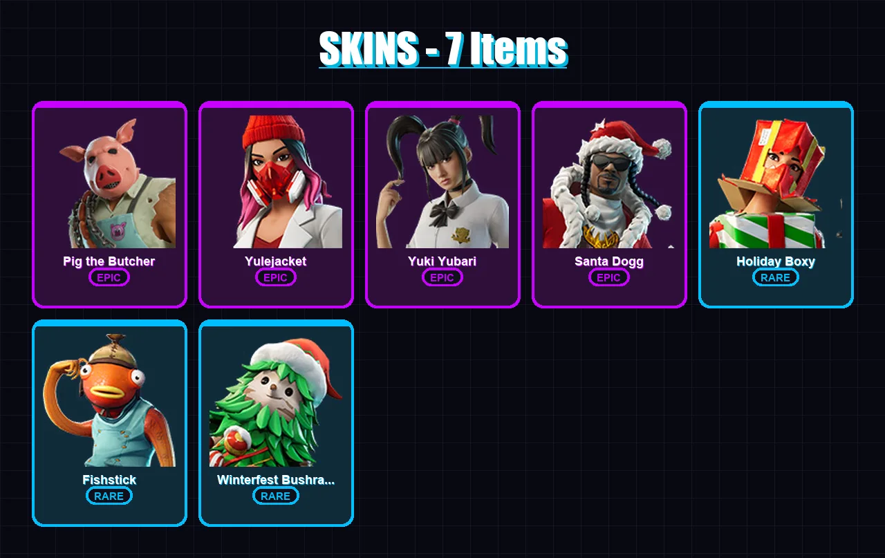 [PC/PSN] | Pig the Butcher | Yulejacket | Yuki Yubari | Santa Dogg | Holiday Boxy | 7 skin | 51 pickaxe | 21 emote | 30 glider | Lv355