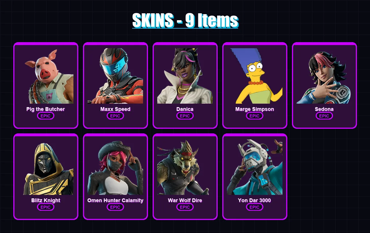 [PC/PSN] | Pig the Butcher | Maxx Speed | Danica | Marge Simpson | Sedona | 9 skin | 35 pickaxe | 16 emote | 18 glider | Lv166