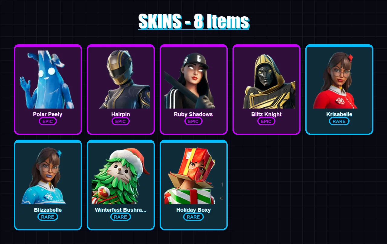 [PC/XBOX/PSN] | Polar Peely | Hairpin | Ruby Shadows | Blitz Knight | Krisabelle | 8 skin | 14 pickaxe | 16 emote | 19 glider | Lv228
