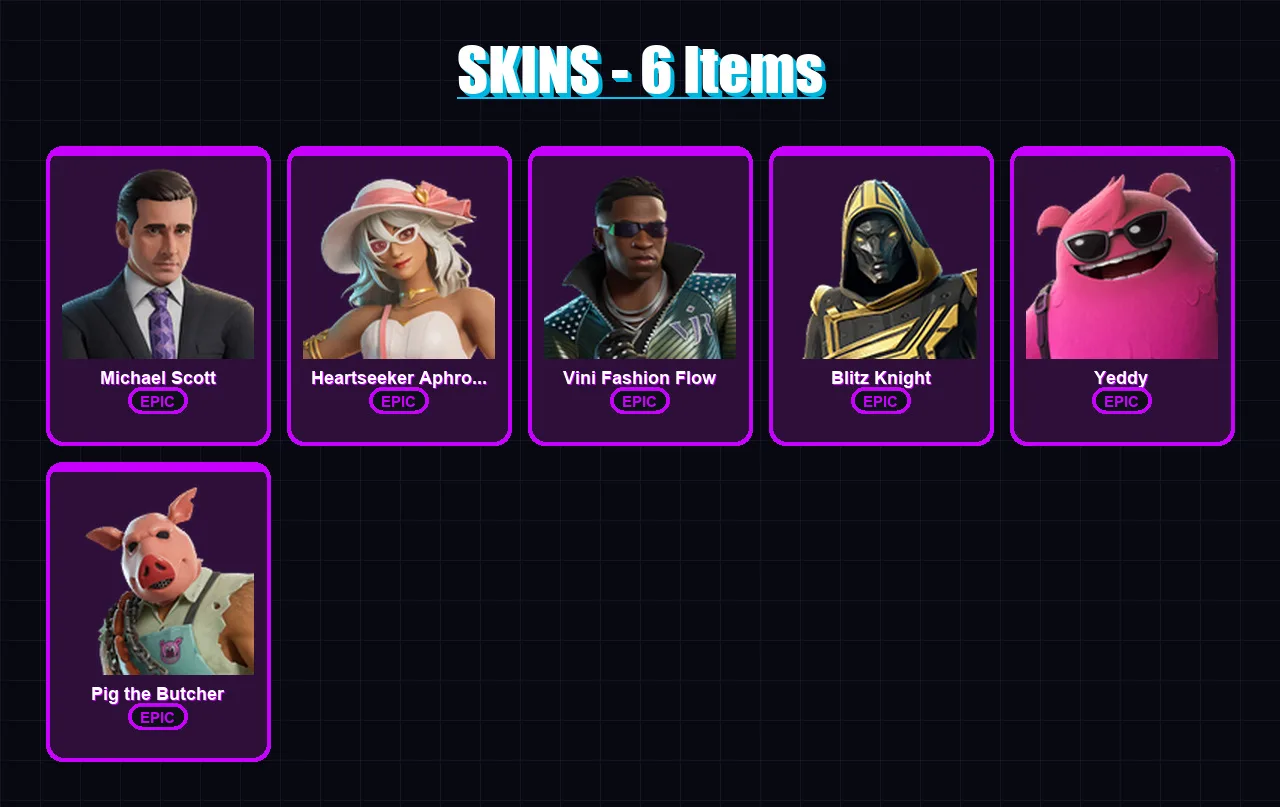 [PC/XBOX/PSN] | Michael Scott | Heartseeker Aphrodite | Vini Fashion Flow | Blitz Knight | Yeddy | 6 skin | 38 pickaxe | 19 emote | 24 glider | Lv46