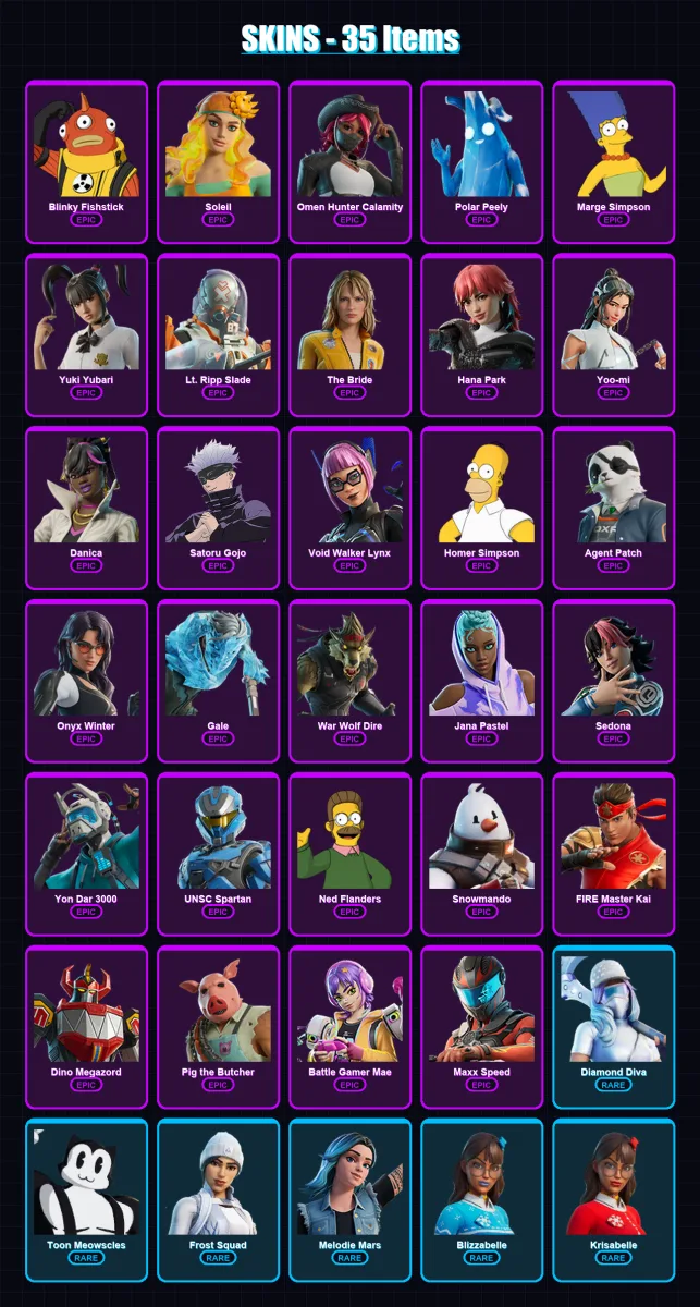 [PC/XBOX/PSN] | Blinky Fishstick | Soleil | Omen Hunter Calamity | Polar Peely | Marge Simpson | 35 skin | 49 pickaxe | 37 emote | 32 glider | Lv435 — Fortnite account