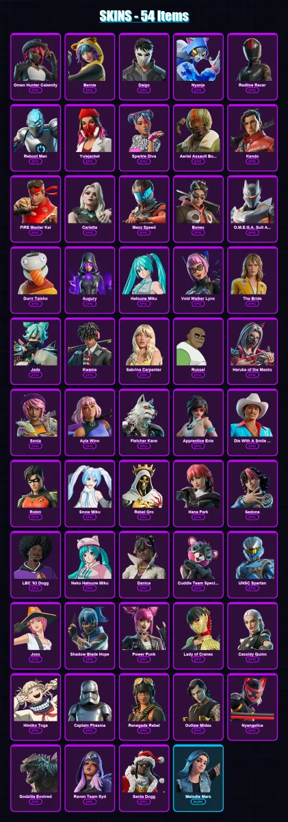 [PC/XBOX/PSN] | Omen Hunter Calamity | Bernie | Daigo | Nyanja | Redline Racer | 54 skin | 50 pickaxe | 32 emote | 23 glider | Lv105