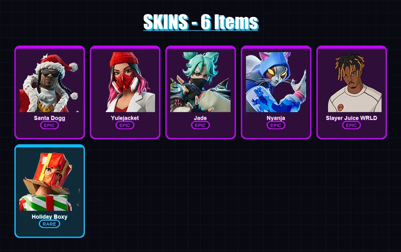 [PC/XBOX/PSN] | Santa Dogg | Yulejacket | Jade | Nyanja | Slayer Juice WRLD | 6 skin | 16 pickaxe | 12 emote | 17 glider | Lv255
