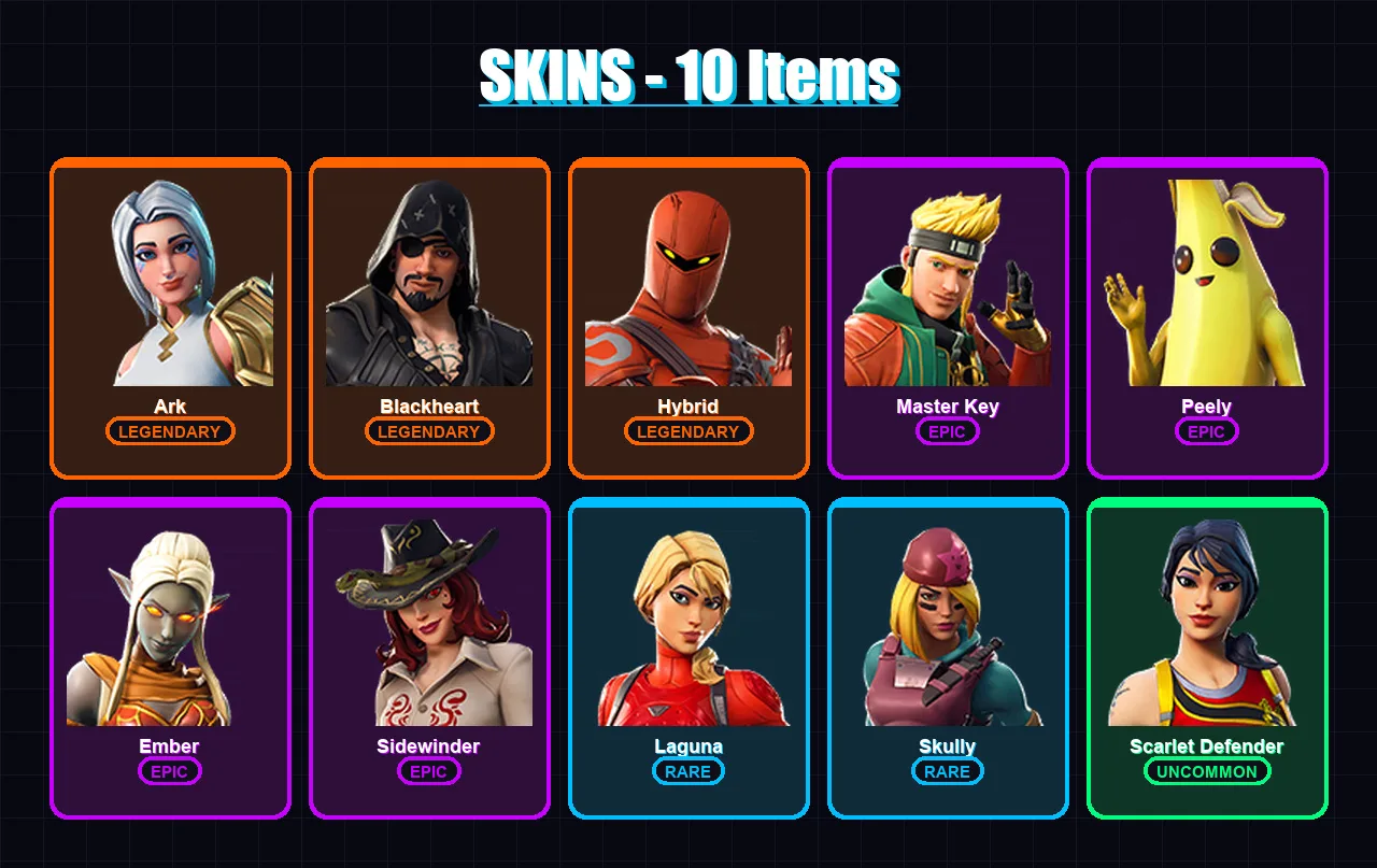 [PS4/PS5/XBOX/PC] | Ark | Blackheart | Hybrid | Master Key | Peely | 10 skin | 10 pickaxe | 22 emote | 11 glider | Lv165