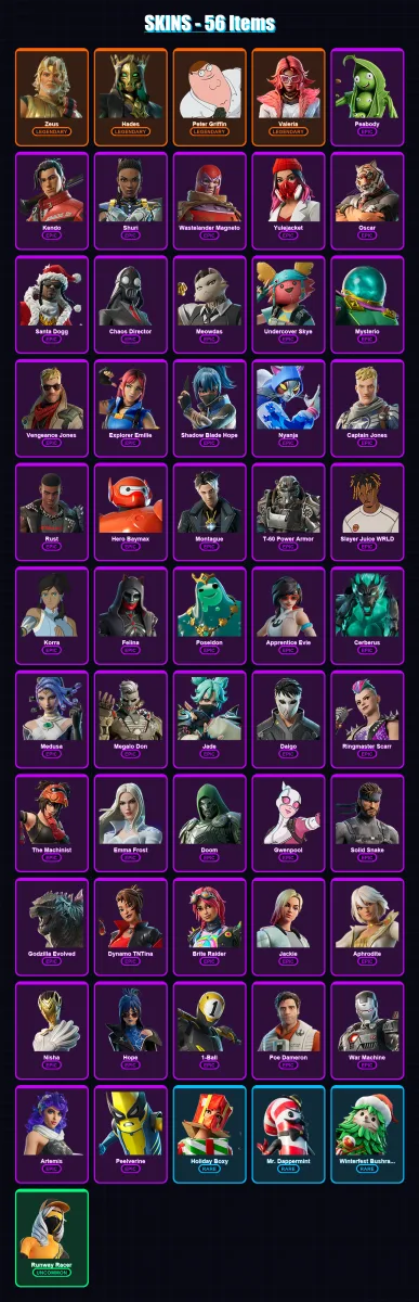 [PC/XBOX/PSN] | Zeus | Hades | Peter Griffin | Valeria | Peabody | 56 skin | 78 pickaxe | 65 emote | 61 glider | Lv671
