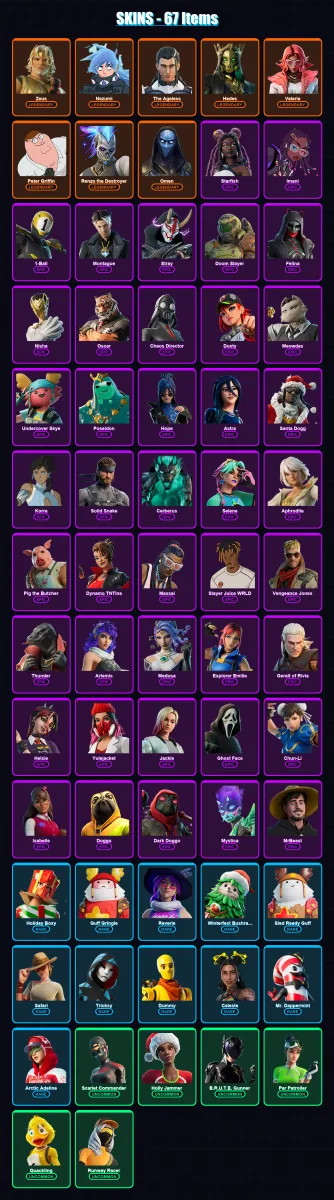 [PC/XBOX/PSN] | Zeus | Nezumi | The Ageless | Hades | Valeria | 67 skin | 113 pickaxe | 76 emote | 82 glider | Lv1753
