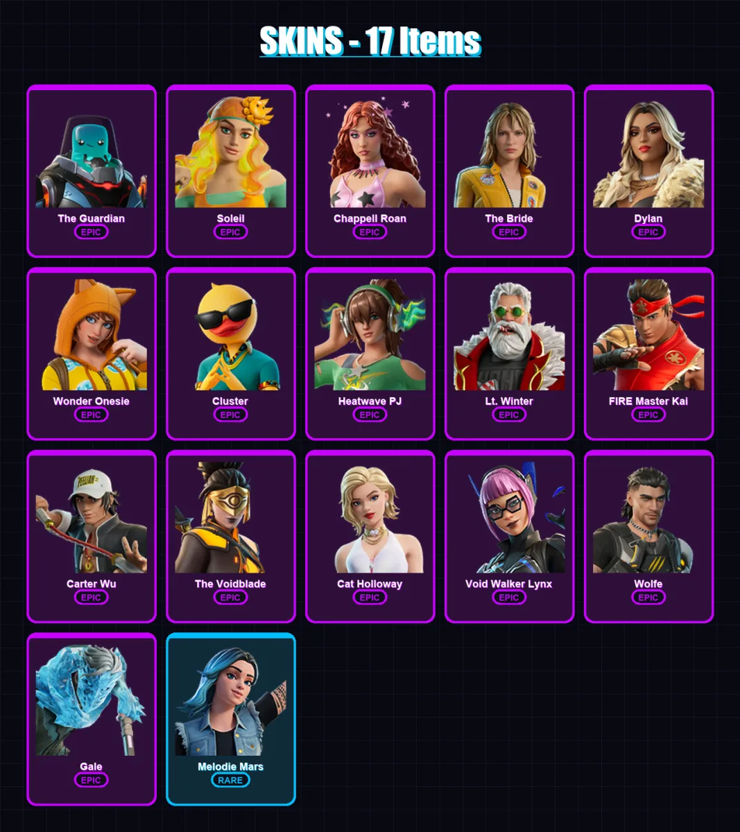 [PC/PSN] | The Guardian | Soleil | Chappell Roan | The Bride | Dylan | 17 skin | 22 pickaxe | 21 emote | 15 glider | Lv98