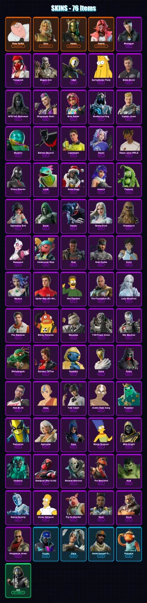 [PS4/PS5/XBOX/PC] | Peter Griffin | Zeus | Hades | Valeria | Montague | 76 skin | 138 pickaxe | 91 emote | 84 glider | Lv1195