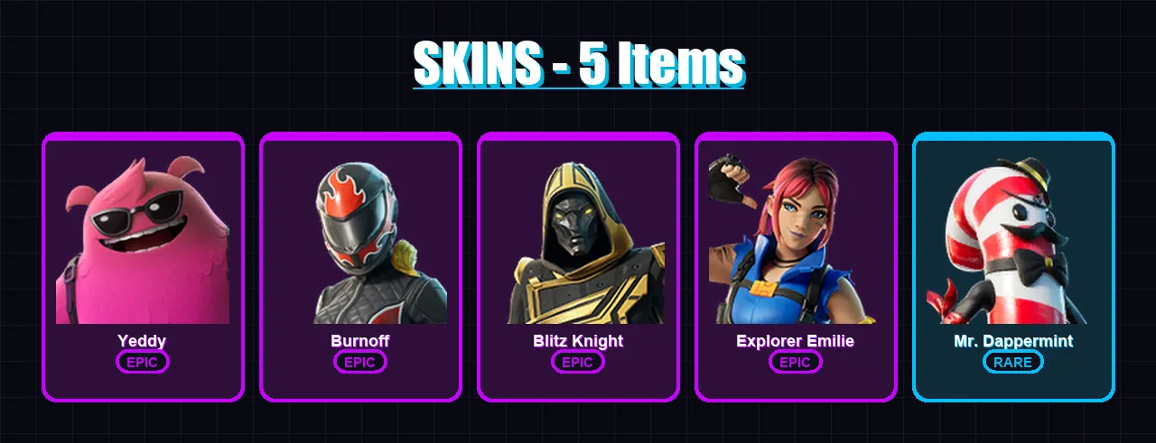 [PC/XBOX/PSN] | Yeddy | Burnoff | Blitz Knight | Explorer Emilie | Mr. Dappermint | 5 skin | 4 pickaxe | 3 emote | 5 glider | Lv26