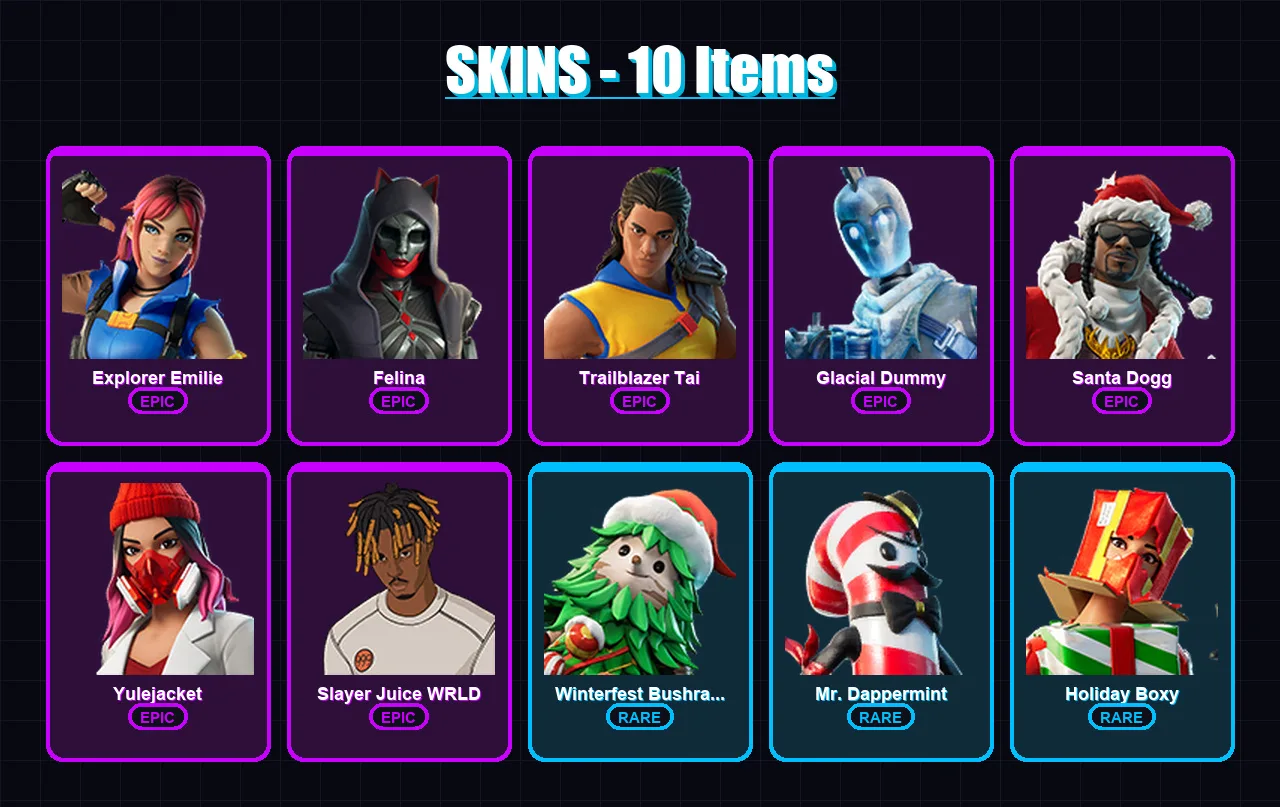 [PC/XBOX/PSN] | Explorer Emilie | Felina | Trailblazer Tai | Glacial Dummy | Santa Dogg | 10 skin | 56 pickaxe | 25 emote | 37 glider | Lv656