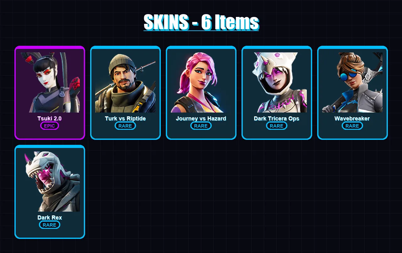 [PC/XBOX/PSN] | Tsuki 2.0 | Turk vs Riptide | Journey vs Hazard | Dark Tricera Ops | Wavebreaker | 6 skin | 7 pickaxe | 9 emote | 9 glider | Lv76
