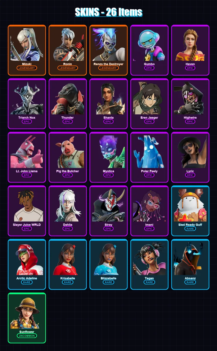 [PC/XBOX] | Mizuki | Ronin | Renzo the Destroyer | Gumbo | Haven | 26 skin | 52 pickaxe | 32 emote | 37 glider | Lv445