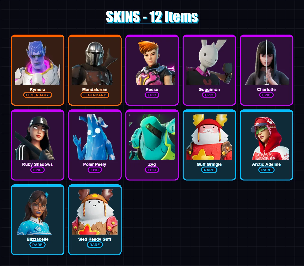 [PC/XBOX/PSN] | Kymera | Mandalorian | Reese | Guggimon | Charlotte | 12 skin | 21 pickaxe | 19 emote | 24 glider | Lv269