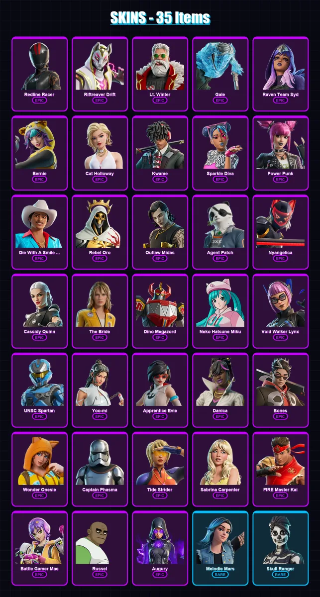 [PS4/PS5/PC] | Redline Racer | Riftreaver Drift | Lt. Winter | Gale | Raven Team Syd | 35 skin | 29 pickaxe | 22 emote | 18 glider | Lv109
