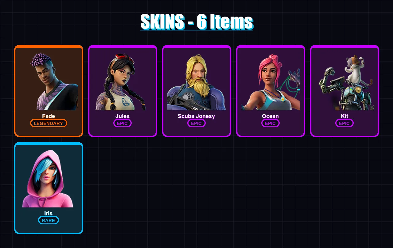 [PC/XBOX/PSN] | Fade | Jules | Scuba Jonesy | Ocean | Kit | 6 skin | 10 pickaxe | 9 emote | 10 glider | Lv147