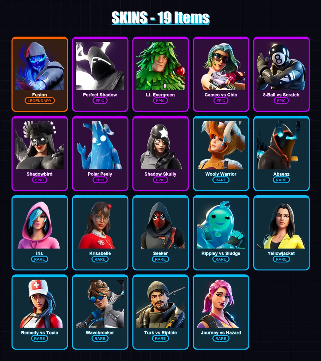 [PC/PSN] | Fusion | Perfect Shadow | Lt. Evergreen | Cameo vs Chic | 8-Ball vs Scratch | 19 skin | 28 pickaxe | 20 emote | 14 glider | Lv216