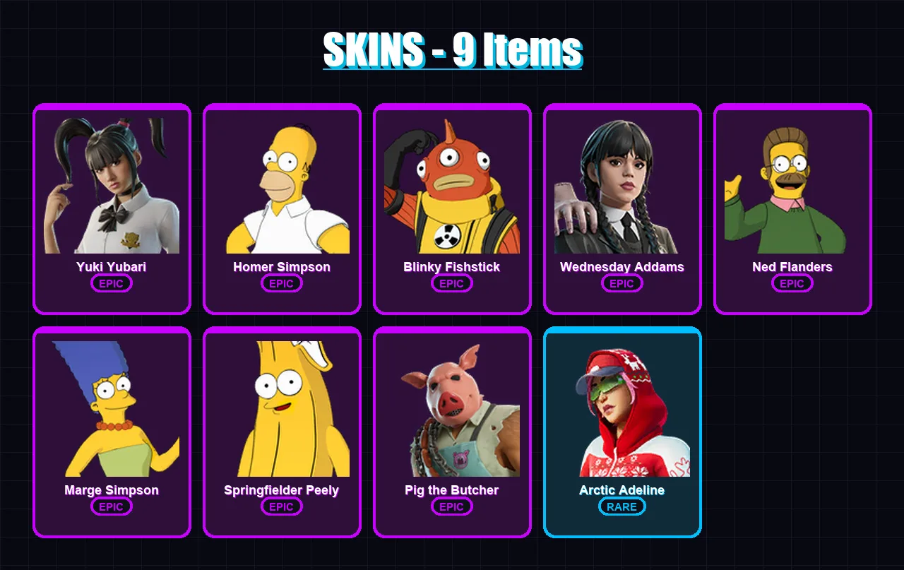 [PC/PSN] | Yuki Yubari | Homer Simpson | Blinky Fishstick | Wednesday Addams | Ned Flanders | 9 skin | 35 pickaxe | 15 emote | 26 glider | Lv330
