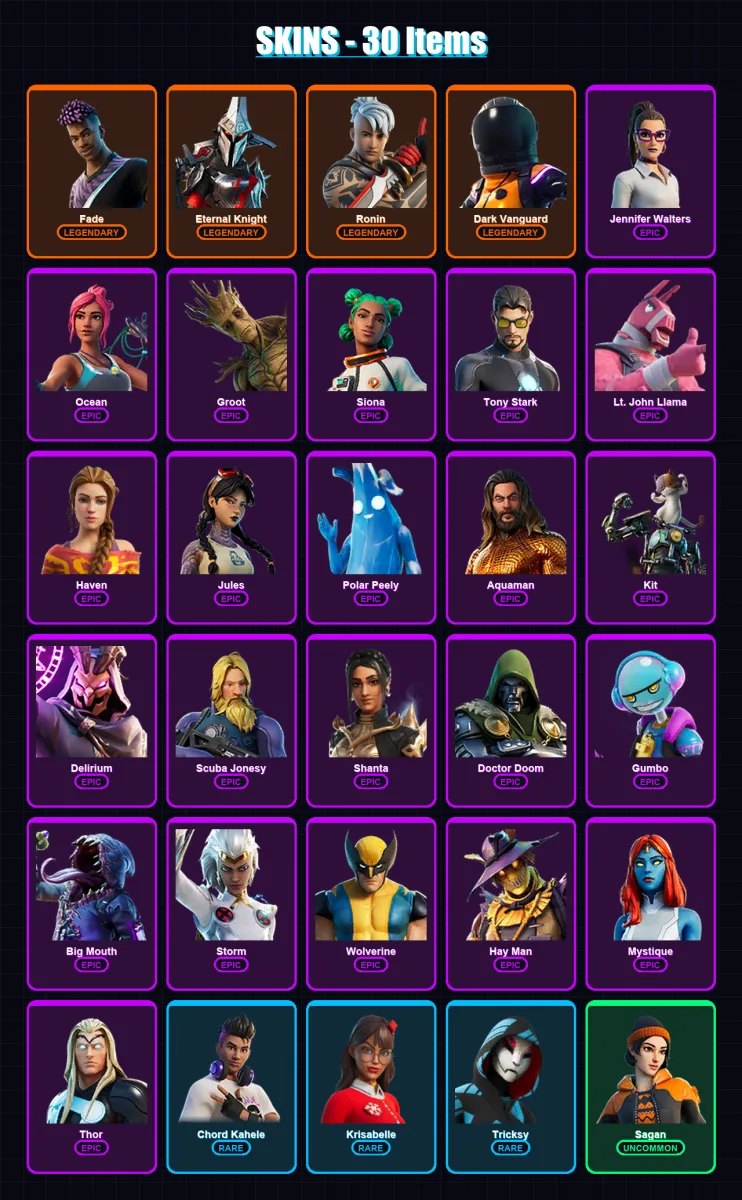 [PS4/PS5/XBOX/PC] | Fade | Eternal Knight | Ronin | Dark Vanguard | Jennifer Walters | 30 skin | 41 pickaxe | 38 emote | 43 glider | Lv928
