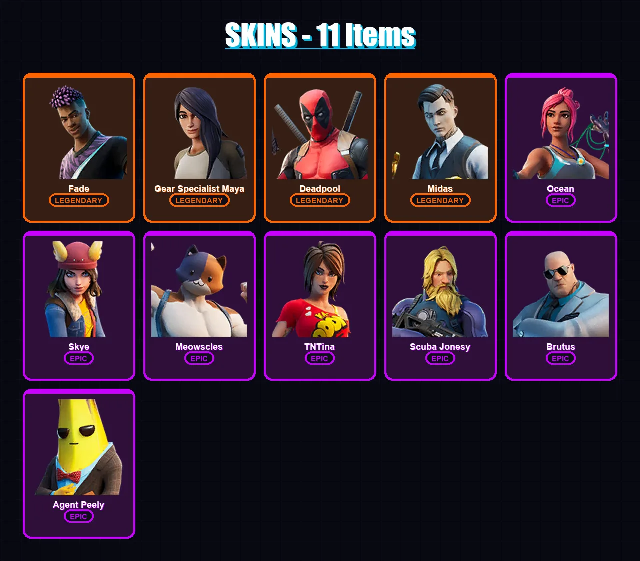 [PC/PSN] | Fade | Gear Specialist Maya | Deadpool | Midas | Ocean | 11 skin | 12 pickaxe | 17 emote | 20 glider | Lv273
