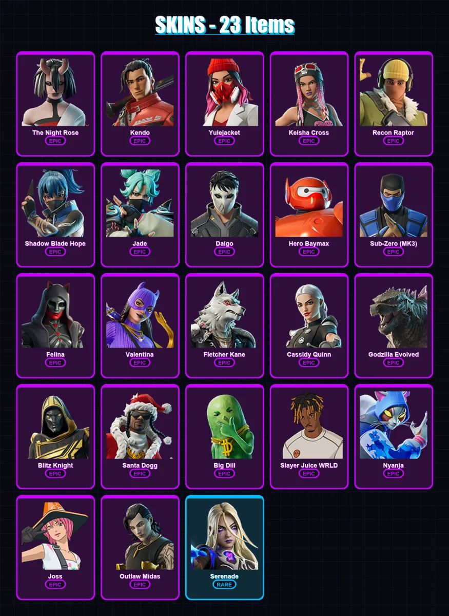[SWITCH/XBOX/PSN/PC] | The Night Rose | Kendo | Yulejacket | Keisha Cross | Recon Raptor | 23 skin | 51 pickaxe | 25 emote | 36 glider | Lv424
