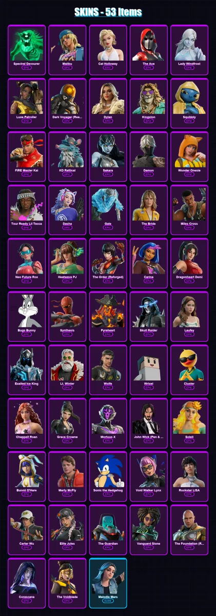 [PS4/PS5/XBOX/PC] | Spectral Devourer | Malibu | Cat Holloway | The Ace | Lady Windfrost | 53 skin | 70 pickaxe | 38 emote | 44 glider | Lv363