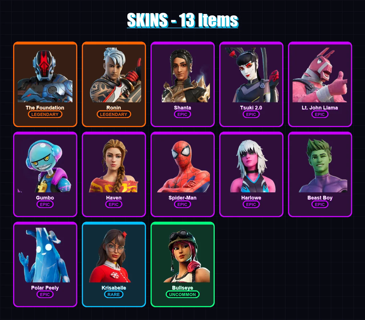 [PS4/PS5/XBOX/PC] | The Foundation | Ronin | Shanta | Tsuki 2.0 | Lt. John Llama | 13 skin | 13 pickaxe | 11 emote | 12 glider | Lv112