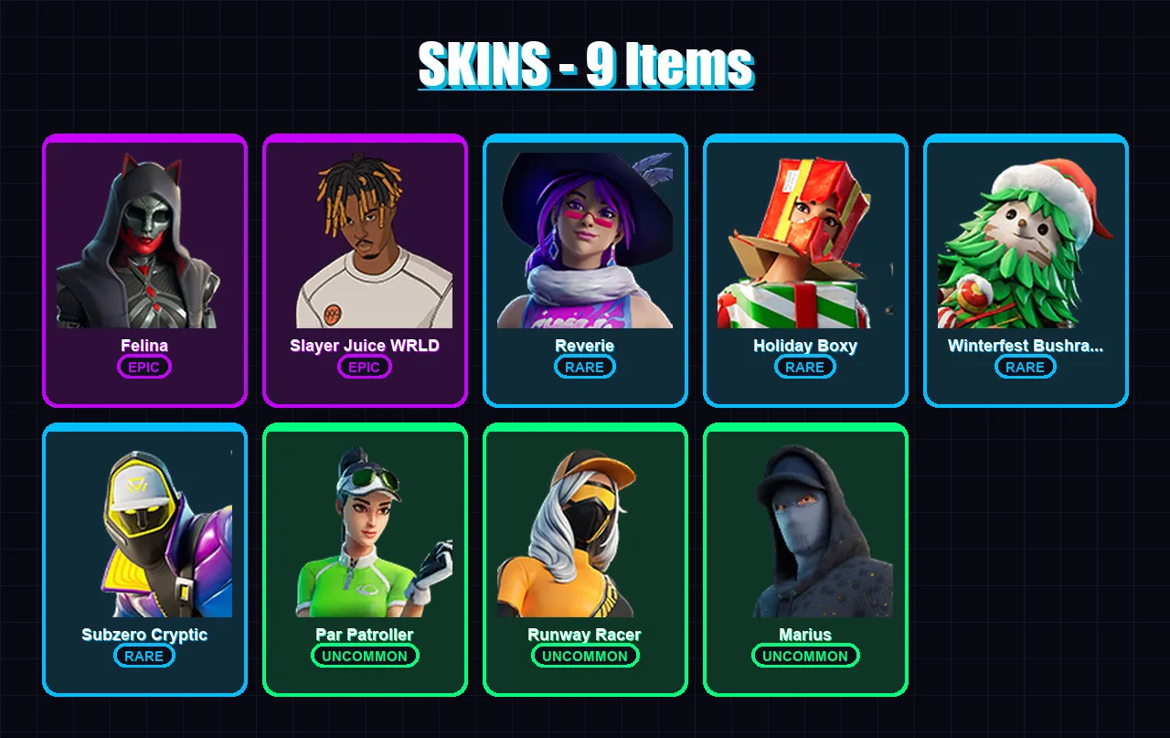 [PC/XBOX/PSN] | Felina | Slayer Juice WRLD | Reverie | Holiday Boxy | Winterfest Bushranger | 9 skin | 50 pickaxe | 27 emote | 36 glider | Lv780