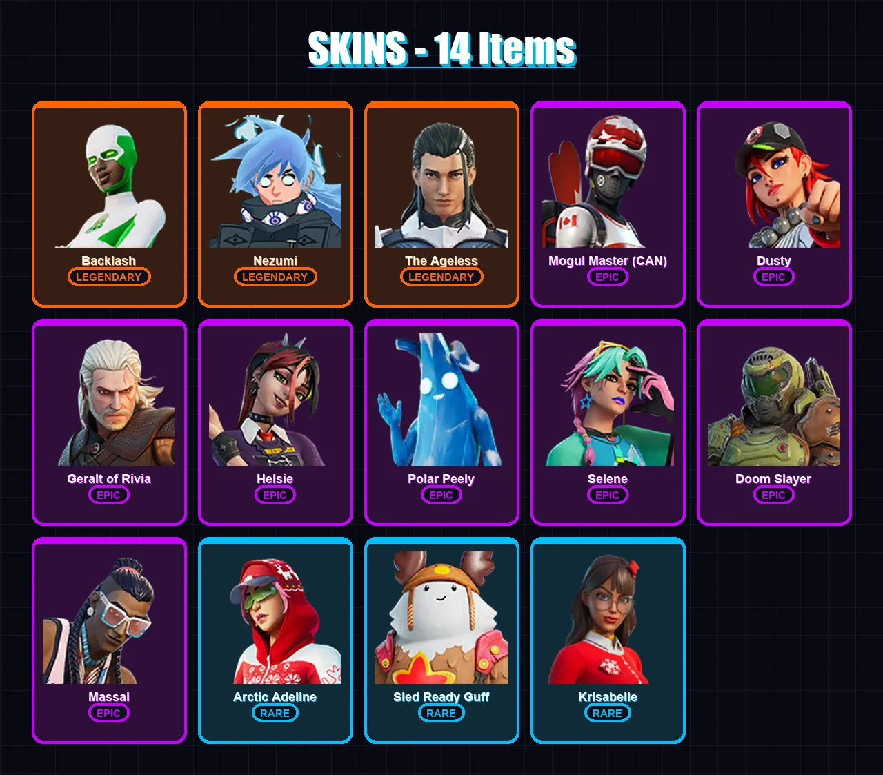 [PS4/PS5/PC] | Backlash | Nezumi | The Ageless | Mogul Master (CAN) | Dusty | 14 skin | 20 pickaxe | 18 emote | 20 glider | Lv224
