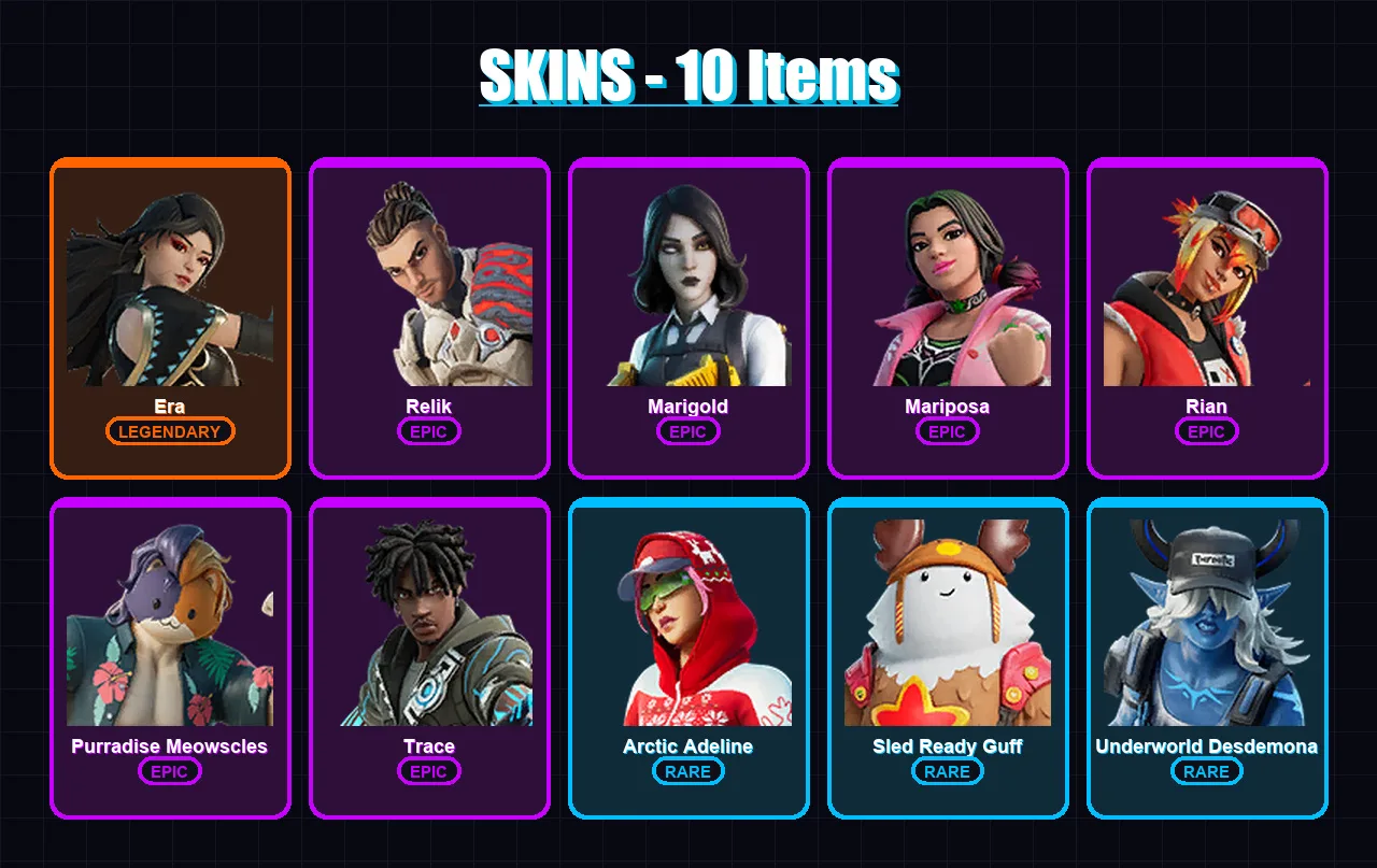 [PC/PSN] | Era | Relik | Marigold | Mariposa | Rian | 10 skin | 16 pickaxe | 11 emote | 19 glider | Lv182 — Fortnite account