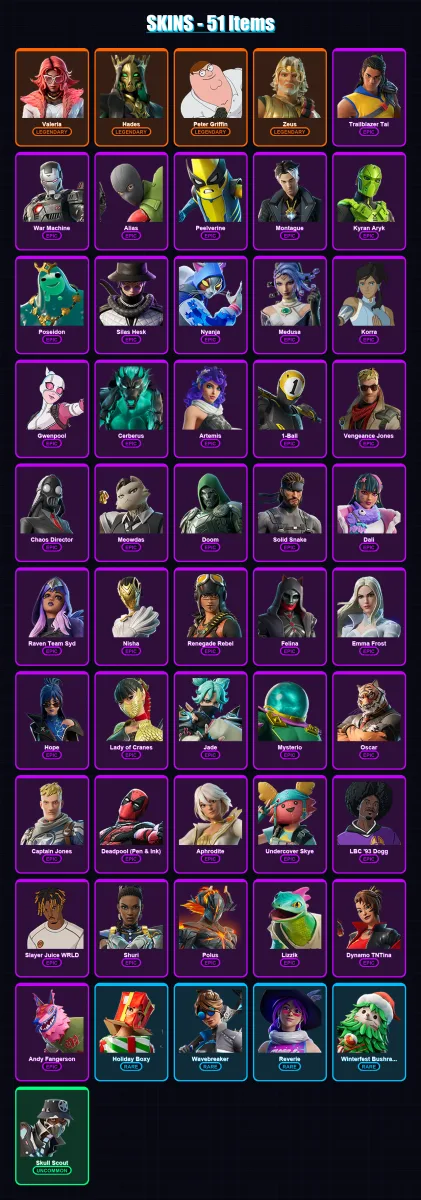[PC/XBOX] | Valeria | Hades | Peter Griffin | Zeus | Trailblazer Tai | 51 skin | 71 pickaxe | 46 emote | 44 glider | Lv579